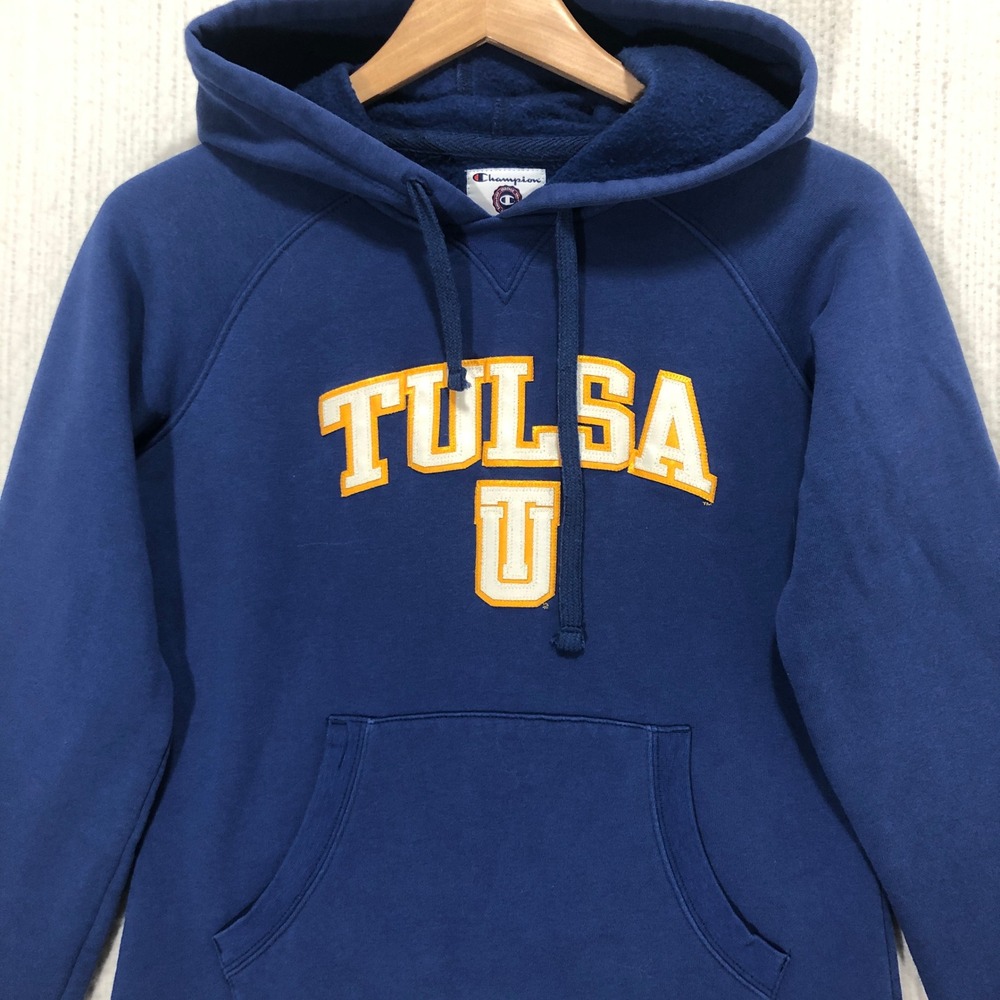 Champion Tulsa Golden Hurricane Hoodie Pullover Blue Athletic Sweatshirt Size S